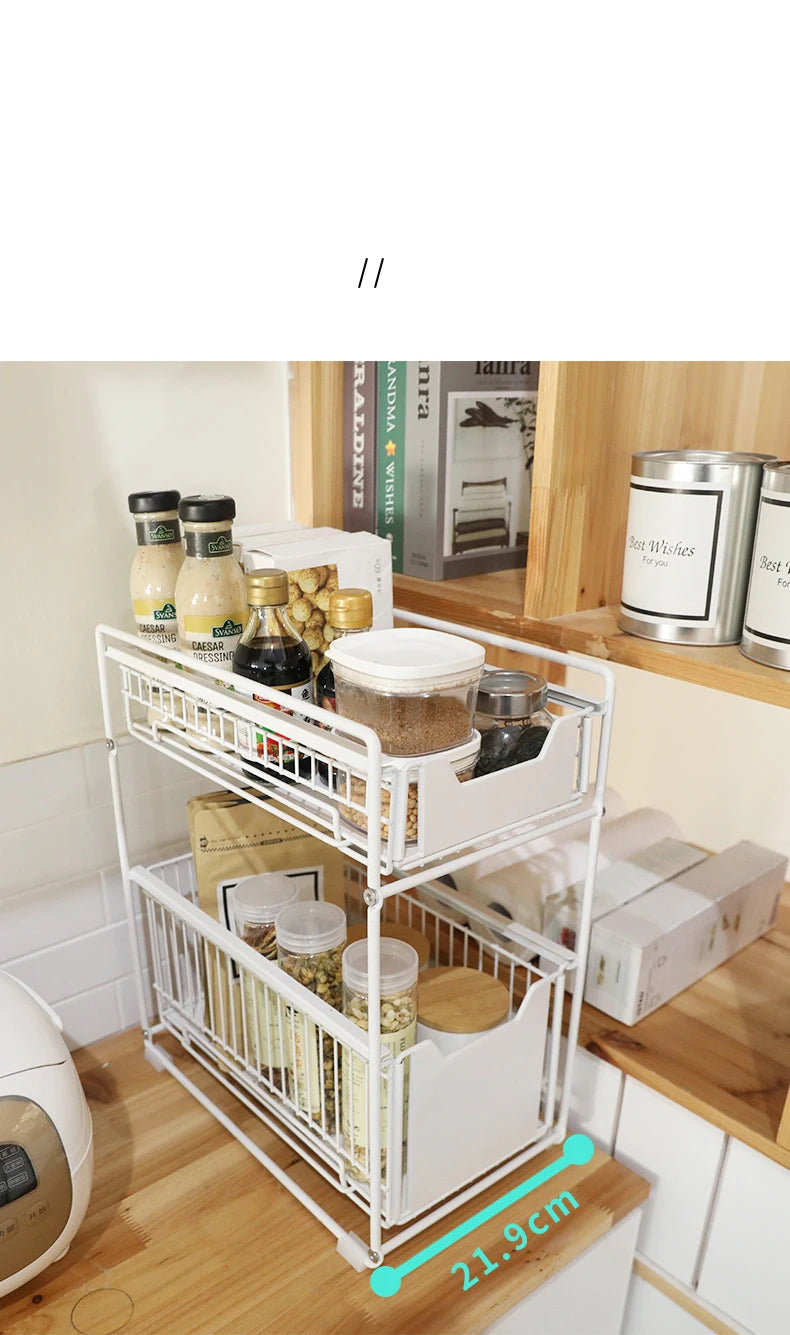 Under The Kitchen Sink Storage Rack Drawer Type Can Be Pushed and Pulled Under The Cabinet Telescopic Double Shelf